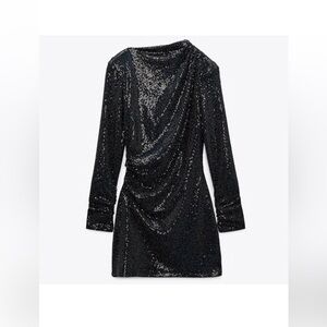 BNWT Zara Black Mini Sequins Long Sleeve Mini Dress w Shoulder Pads Draped 2258